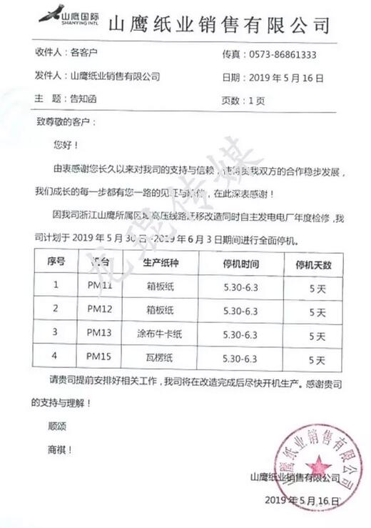 玖龙五大基地最高降价250元/吨 浙江山鹰等纸厂停机减产
